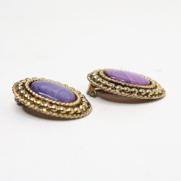 Vintage Oval Clip-On Earrings Gold Tone Purple Marble Cabochon Retro 80s 90s - Picture 7 of 8